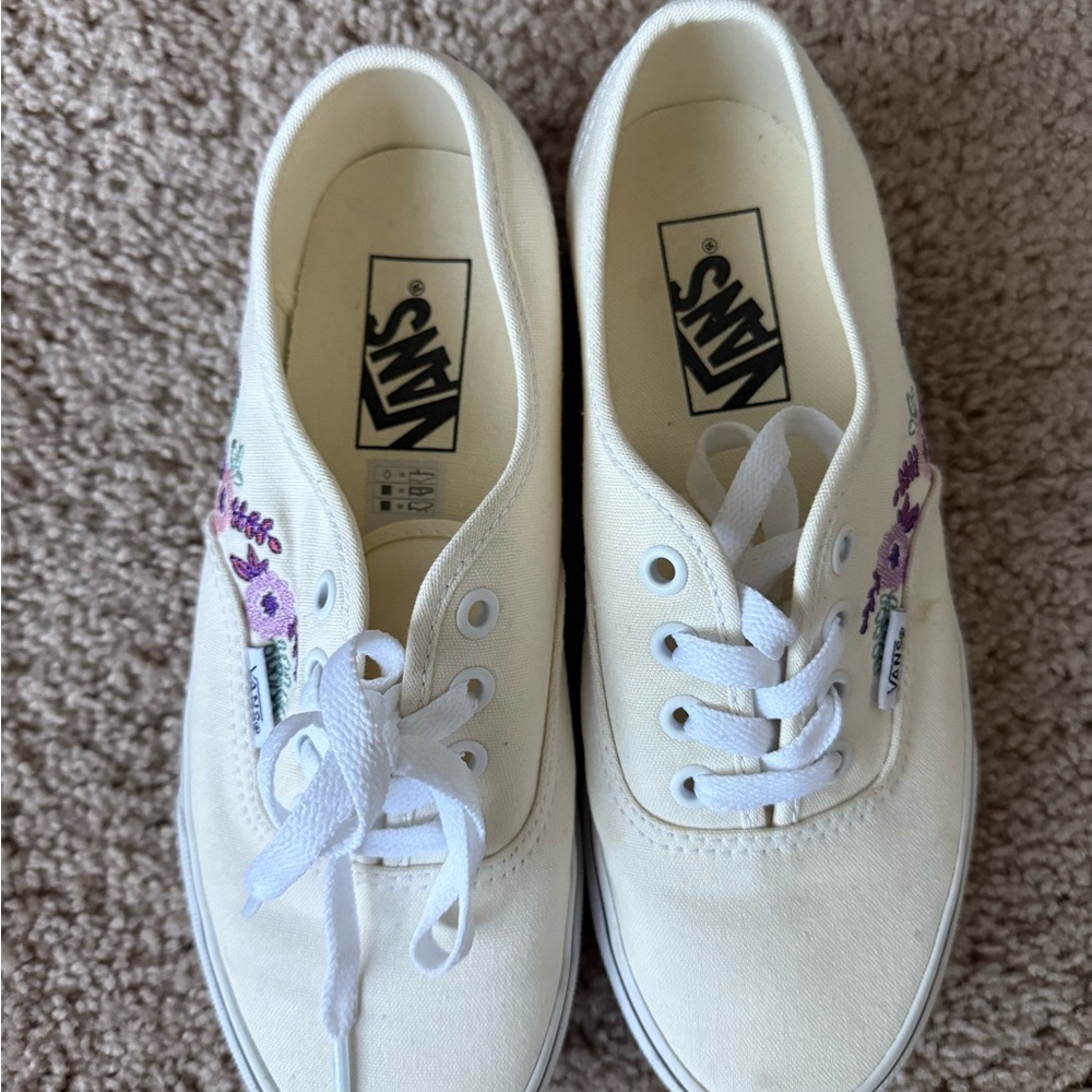 Vans Women's Cream Sneakers with Purple Floral Accents
